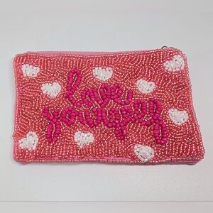Love Yourself Beaded Coin Purse | Pink Heart Zipper Pouch
